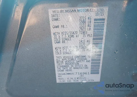 2015 Nissan Pathfinder Platinum из США, поврежденный, VIN 5N1AR2MMXFC716961